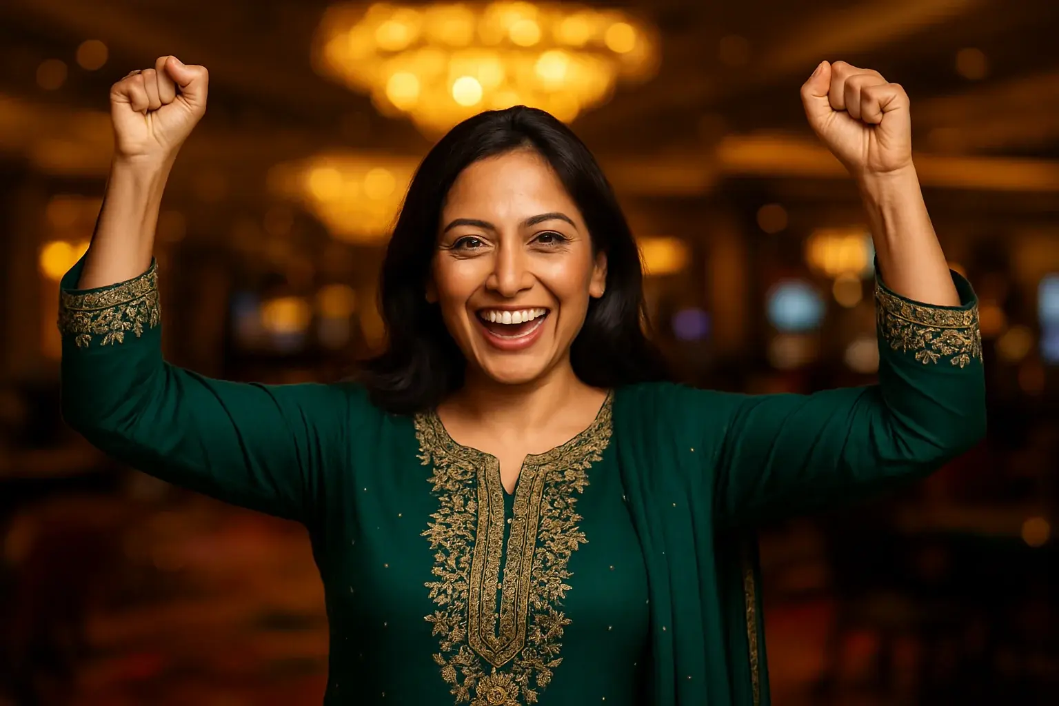 Joyful Pakistani woman in green shalwar kameez celebrating in casino lounge