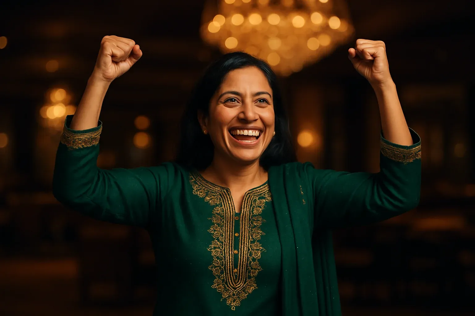 Joyful Pakistani woman celebrating sports win in elegant casino lounge