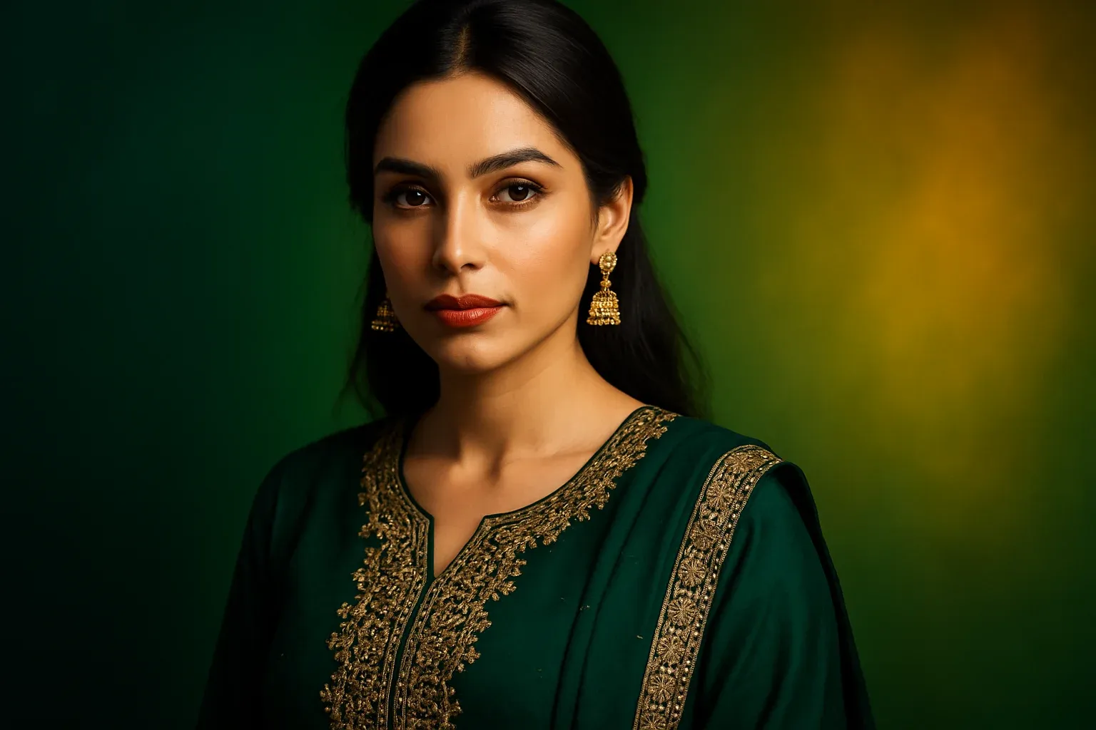 Elegant Pakistani woman in forest green shalwar kameez on vibrant gradient background