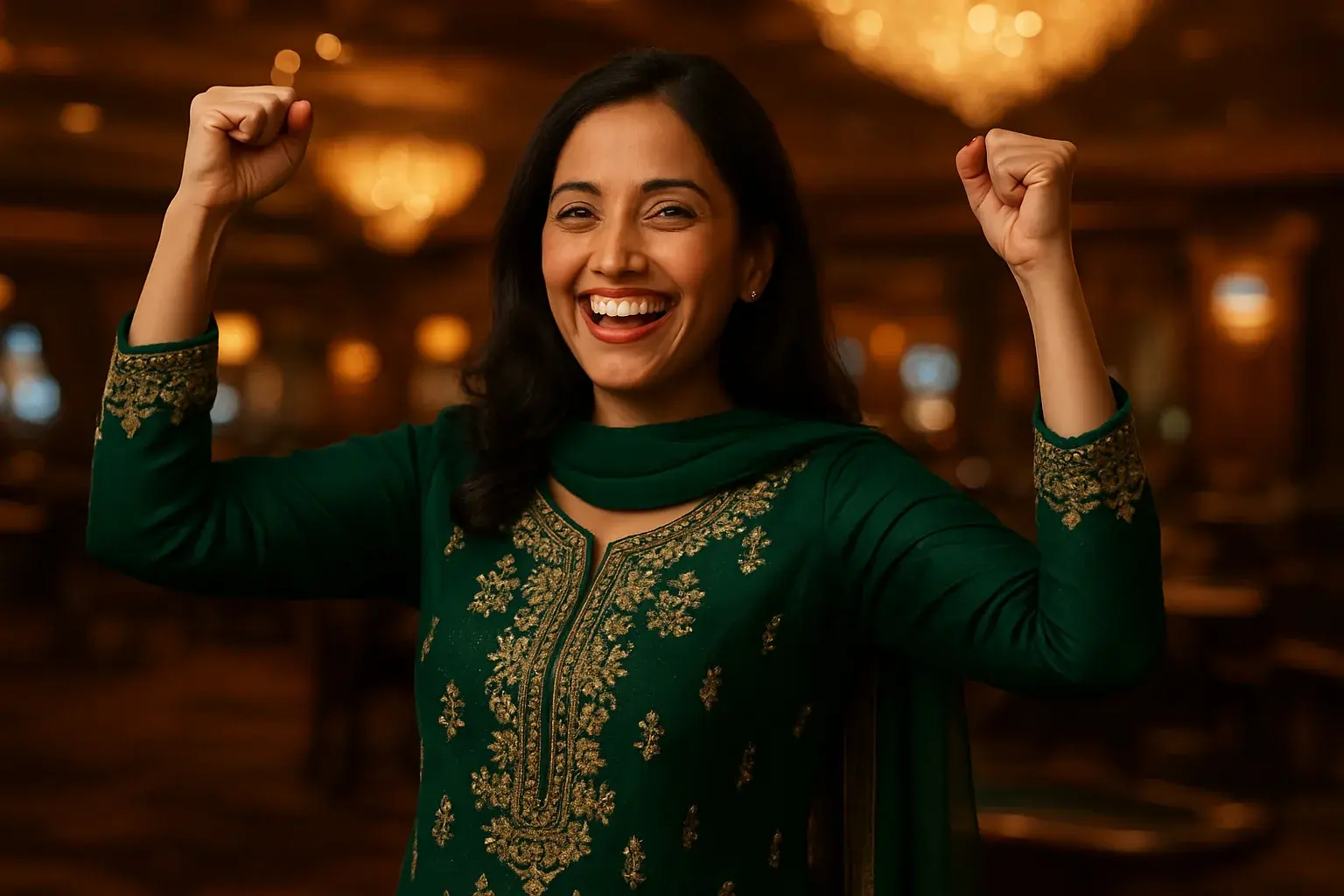 Joyful Pakistani woman cheering in elegant shalwar kameez at casino lounge