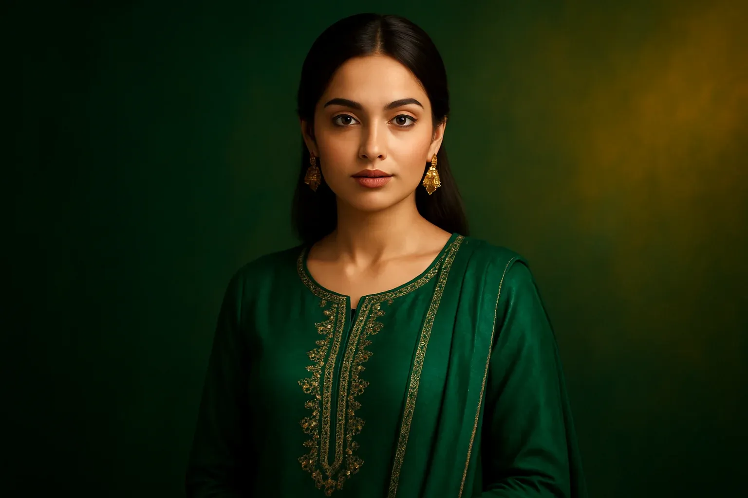 Stylish Pakistani woman in green shalwar kameez on vibrant gradient background