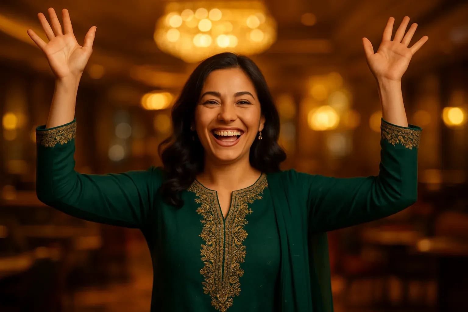 Joyful Pakistani woman celebrating in elegant shalwar kameez at VIP lounge