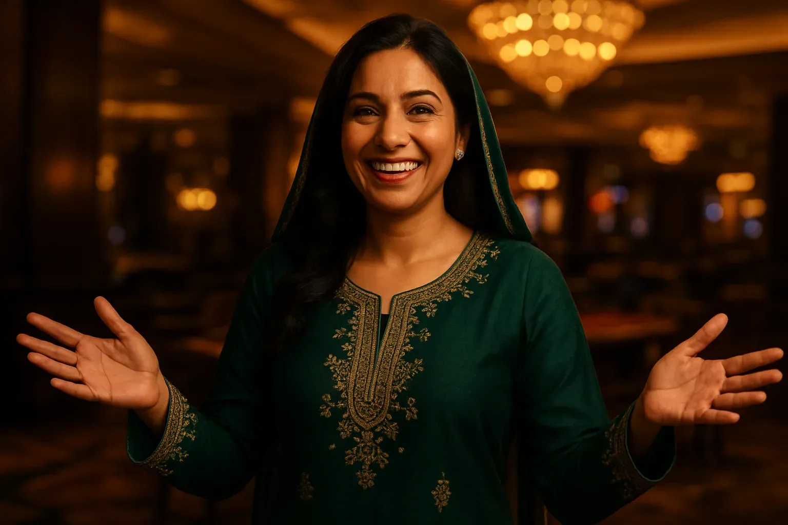 Joyful Pakistani woman in green shalwar kameez welcoming in VIP lounge
