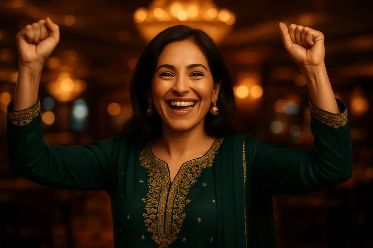 Joyful Pakistani woman cheering in elegant shalwar kameez at casino lounge