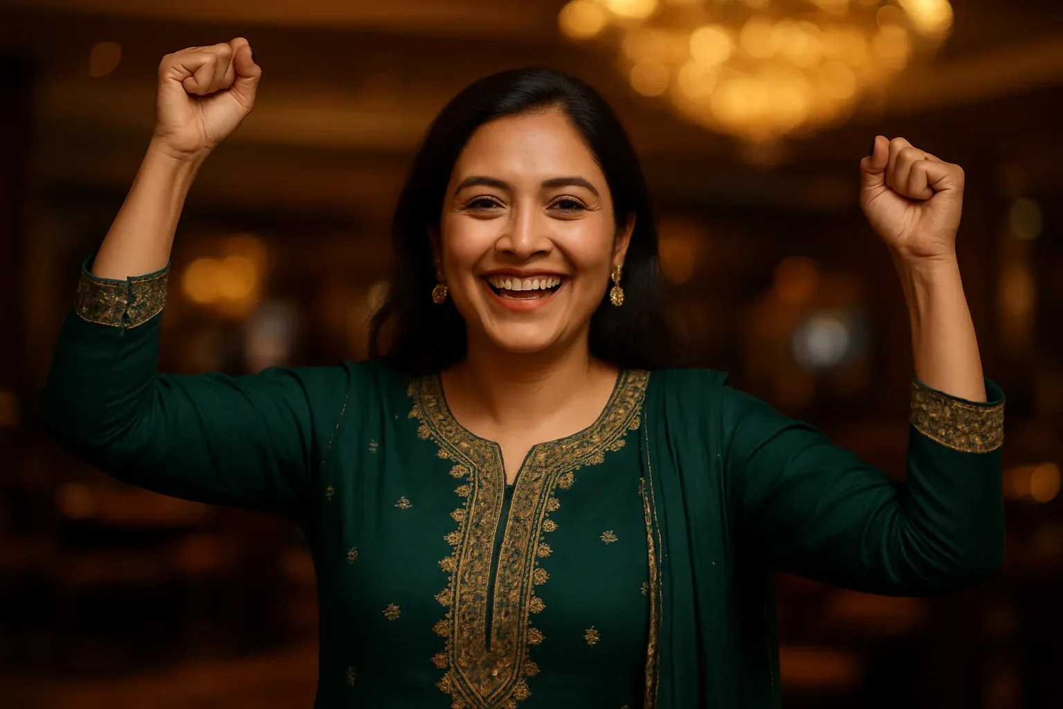 Joyful Pakistani woman in green shalwar kameez celebrating in casino lounge
